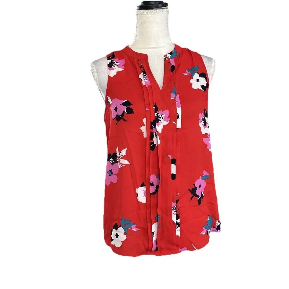 41 Hawthorn Sheer Sleeveless Red Floral Blouse V Neck Pleated Sz S